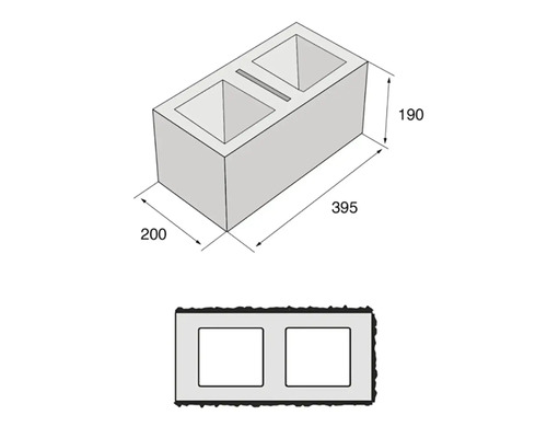 Technický výkres betonového bloku o rozměrech 395x200x190 mm.