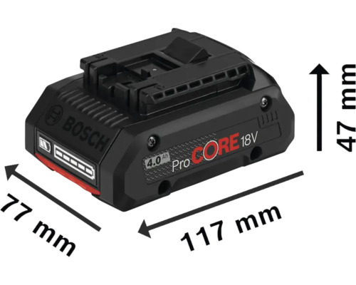 Baterie Bosch ProCore 18V 4.0 Ah o rozměrech 77 mm x 117 mm x 47 mm