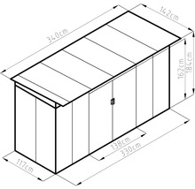 Technický nákres zahradního domku s rozměry: šířka 340 centimetrů, výška 184 centimetrů a hloubka 142 centimetrů.