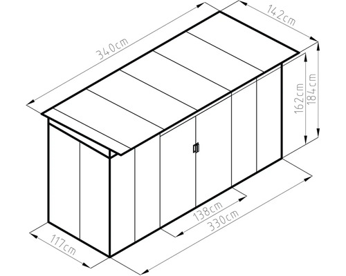 Technický nákres zahradního domku s rozměry: šířka 340 centimetrů, výška 184 centimetrů a hloubka 142 centimetrů.