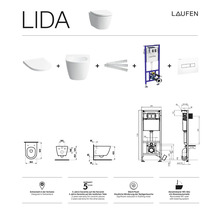Laufen Lida závěsný klozet se splachovací hlubokou mísou, montážním prvkem a ovládacím panelem, technické výkresy a symboly