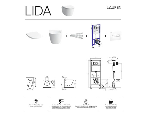 Laufen Lida závěsný klozet se splachovací hlubokou mísou, montážním prvkem a ovládacím panelem, technické výkresy a symboly