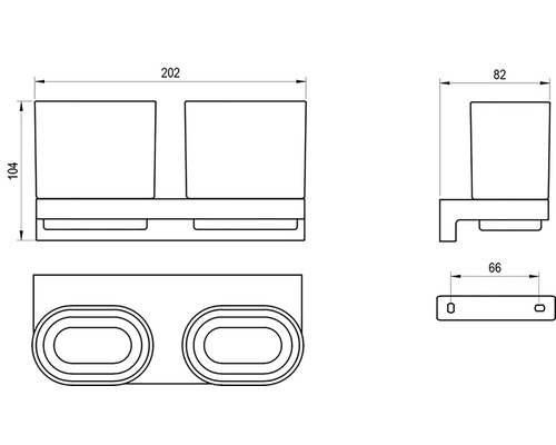 Technický nákres dvojitého držáku na kelímky s rozměry