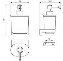 Technický výkres dávkovače mýdla na stěnu, výška 159 mm, šířka 96 mm, hloubka 109 mm, rozteč otvorů 39 mm.
