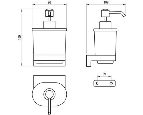 Technický výkres dávkovače mýdla na stěnu, výška 159 mm, šířka 96 mm, hloubka 109 mm, rozteč otvorů 39 mm.