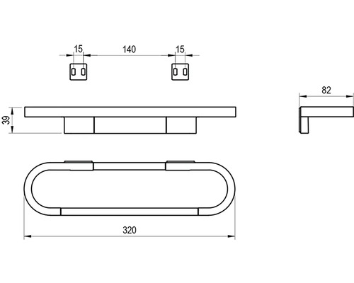 Technický výkres držáku na ručníky s délkou 320 milimetrů, hloubkou 82 milimetrů a výškou 39 milimetrů.
