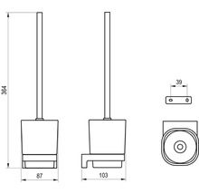 Technický výkres sady toaletní štětky s nástěnným držákem, rozměry: výška 364 milimetrů, šířka 87 milimetrů, hloubka 103 milimetrů.