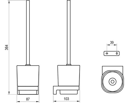 Technický výkres sady toaletní štětky s nástěnným držákem, rozměry: výška 364 milimetrů, šířka 87 milimetrů, hloubka 103 milimetrů.