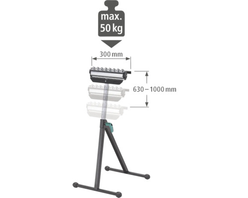 Stojan na materiál s maximální nosností 50 kilogramů, šířkou válce 300 milimetrů a výškou 630 až 1000 milimetrů