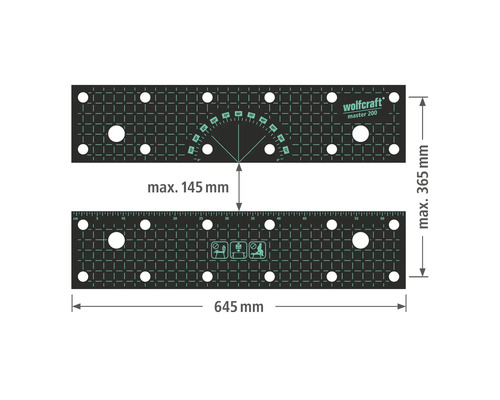 Deska ponku Wolfcraft Master 200 o rozměrech maximálně 365 krát 645 milimetrů a maximálním rozpětí 145 milimetrů