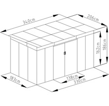 Technický výkres zahradního domku: střecha 340 na 206 centimetrů, výška 186 centimetrů, dvoukřídlé dveře 138 na 162 centimetrů.