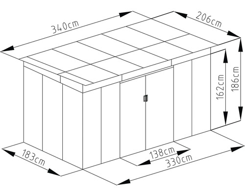 Technický výkres zahradního domku: střecha 340 na 206 centimetrů, výška 186 centimetrů, dvoukřídlé dveře 138 na 162 centimetrů.