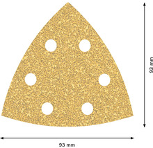 Trojúhelníkový brusný papír s hranou délky 93 mm a šesti otvory
