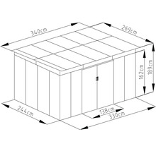 Technický nákres zahradního domku: šířka 340 centimetrů, hloubka 269 centimetrů, výška 189 centimetrů. Rozměr soklu 330 na 244 centimetrů.