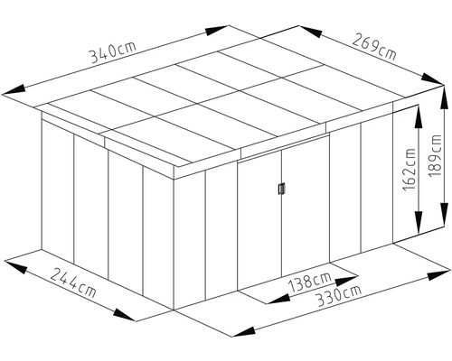 Technický nákres zahradního domku: šířka 340 centimetrů, hloubka 269 centimetrů, výška 189 centimetrů. Rozměr soklu 330 na 244 centimetrů.