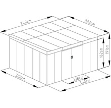 Rozměrový výkres zahradního domku s plochou střechou a dvojitými dveřmi. Šířka 340 centimetrů, hloubka 333 centimetrů a výška 191 centimetrů.