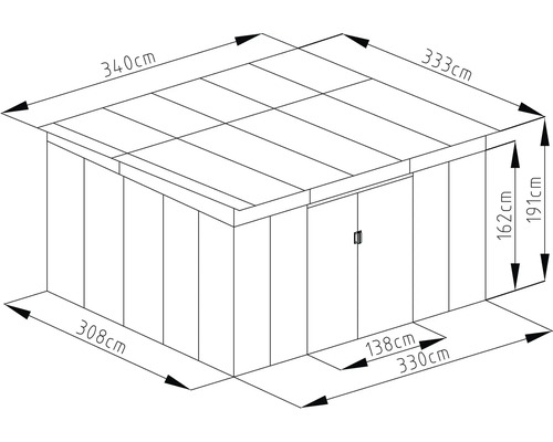 Rozměrový výkres zahradního domku s plochou střechou a dvojitými dveřmi. Šířka 340 centimetrů, hloubka 333 centimetrů a výška 191 centimetrů.