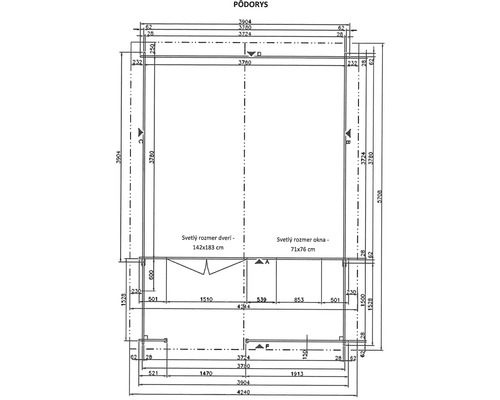 Půdorys s rozměry zahradního domku nebo podobné stavby