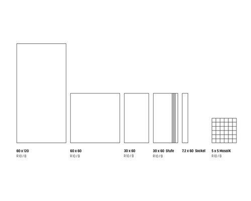 Různé velikosti dlaždic: 60 x 120, 60 x 60, 30 x 60, 30 x 60 stupeň, 7,2 x 60 sokl, 5 x 5 mozaika