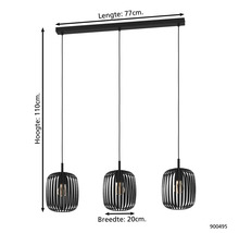 Černé závěsné svítidlo se třemi světly, šířka 77 cm a výška 110 cm