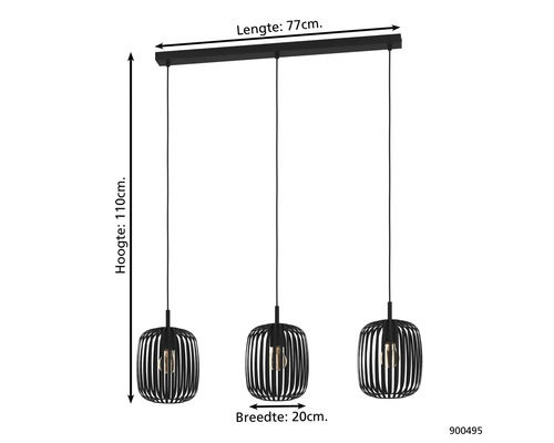 Černé závěsné svítidlo se třemi světly, šířka 77 cm a výška 110 cm