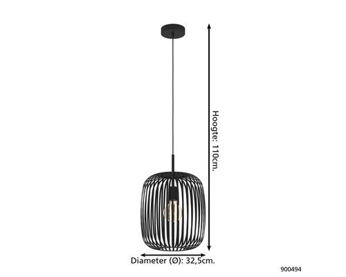 Závěsné svítidlo o průměru 32,5 cm a výšce 110 cm.