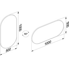 Technický výkres koupelnového zrcadla o rozměrech 1000 x 500 mm.