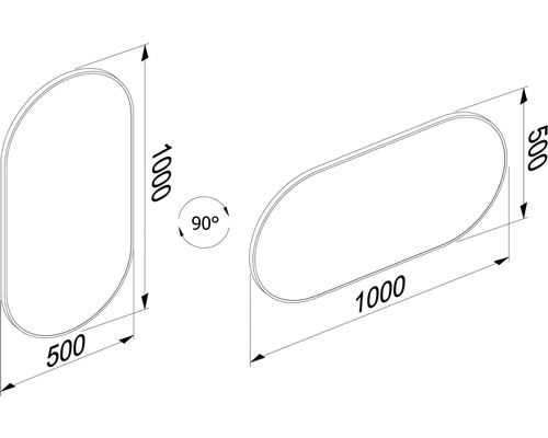 Technický výkres koupelnového zrcadla o rozměrech 1000 x 500 mm.