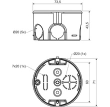 Technický nákres instalační krabice s rozměry