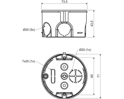 Technický nákres instalační krabice s rozměry