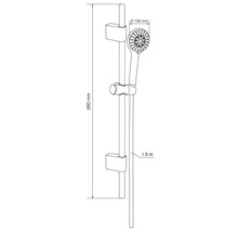 Nákres sprchové soupravy o délce 660 mm a sprchové hlavice o průměru 100 mm a hadice o délce 1,5 m.
