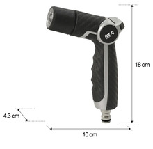 Zahradní stříkací pistole s rozměry: výška 18 cm, délka 10 cm a šířka 4,3 cm