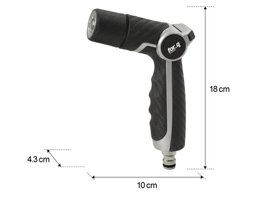 Zahradní stříkací pistole s rozměry: výška 18 cm, délka 10 cm a šířka 4,3 cm