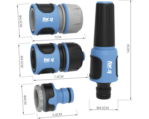 Sada přípojek zahradní hadice s hadicovou spojkou, stopkou vody a stříkací tryskou od společnosti for-q
