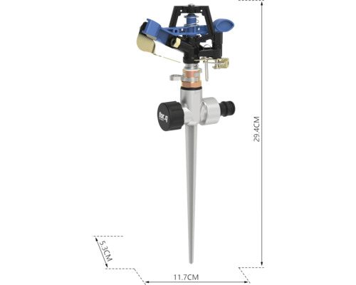 Zahradní zavlažovač se zemním hrotem a rozměry