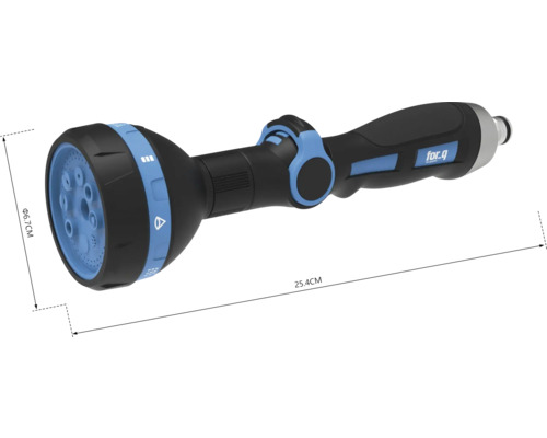 Zahradní stříkací pistole o průměru 6,7 centimetrů a délce 25,4 centimetrů.