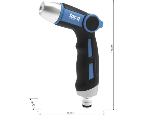 Zahradní stříkací pistole z plastu s logem for_q a rozměry