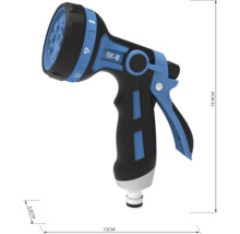 Zahradní stříkací pistole s různými typy proudu a rozměry 19,4 cm výška, 15 cm délka a 6,6 cm šířka.