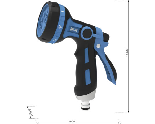 Zahradní stříkací pistole s různými typy proudu a rozměry 19,4 cm výška, 15 cm délka a 6,6 cm šířka.