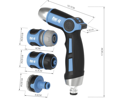 Zahradní stříkací pistole s různými připojovacími kusy a rozměry