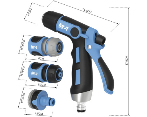 Logo For Q Zahradní stříkací pistole s konektory a rozměry