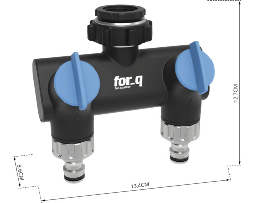 Rozdělovač vody for_q o rozměrech 13,4 x 8,6 x 12,7 cm