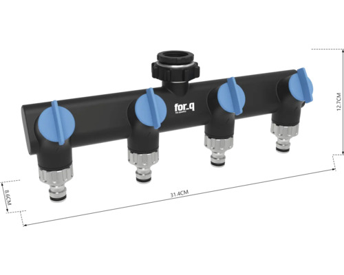 Rozdělovač vody se čtyřmi výstupy a logem for.q