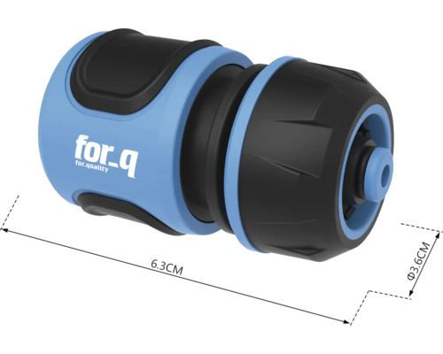 Zahradní hadicová spojka o rozměrech 6,3 cm délky a 3,6 cm průměru