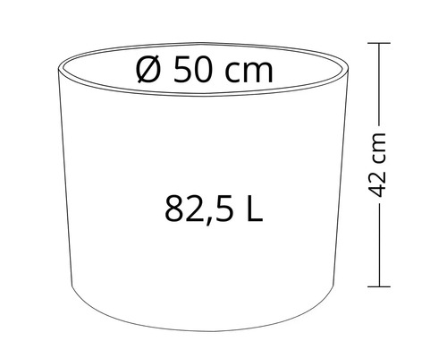 Nákres květináče o průměru 50 centimetrů, výšce 42 centimetrů a objemu 82,5 litru