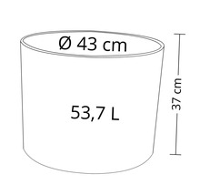 Technický nákres květináče o rozměrech 43 centimetrů v průměru a 37 centimetrů na výšku a objemu 53,7 litru