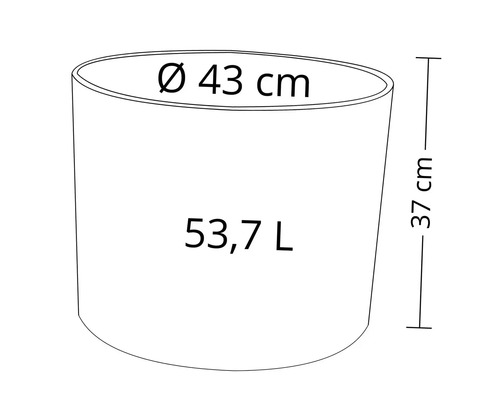 Technický nákres květináče o rozměrech 43 centimetrů v průměru a 37 centimetrů na výšku a objemu 53,7 litru