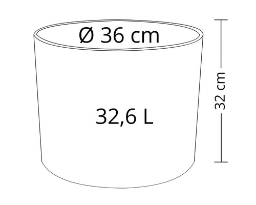 Nákres květináče s rozměry 36 centimetrů v průměru, 32 centimetrů na výšku a objemem 32,6 litru