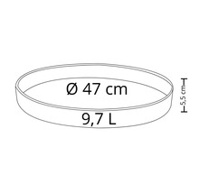 Kulatá květinová mísa o průměru 47 cm a objemu 9,7 litrů.