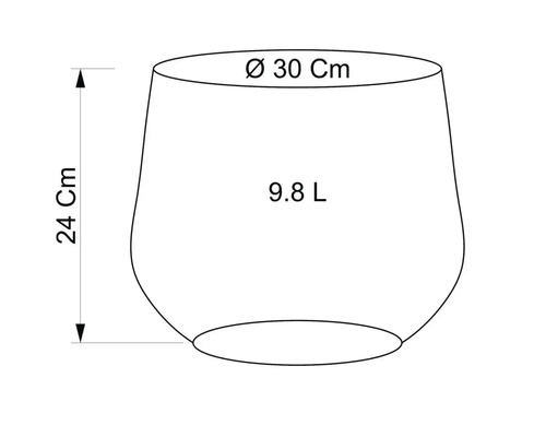 Nákres květináče s rozměry 30 centimetrů v průměru, 24 centimetrů na výšku a objemem 9,8 litru
